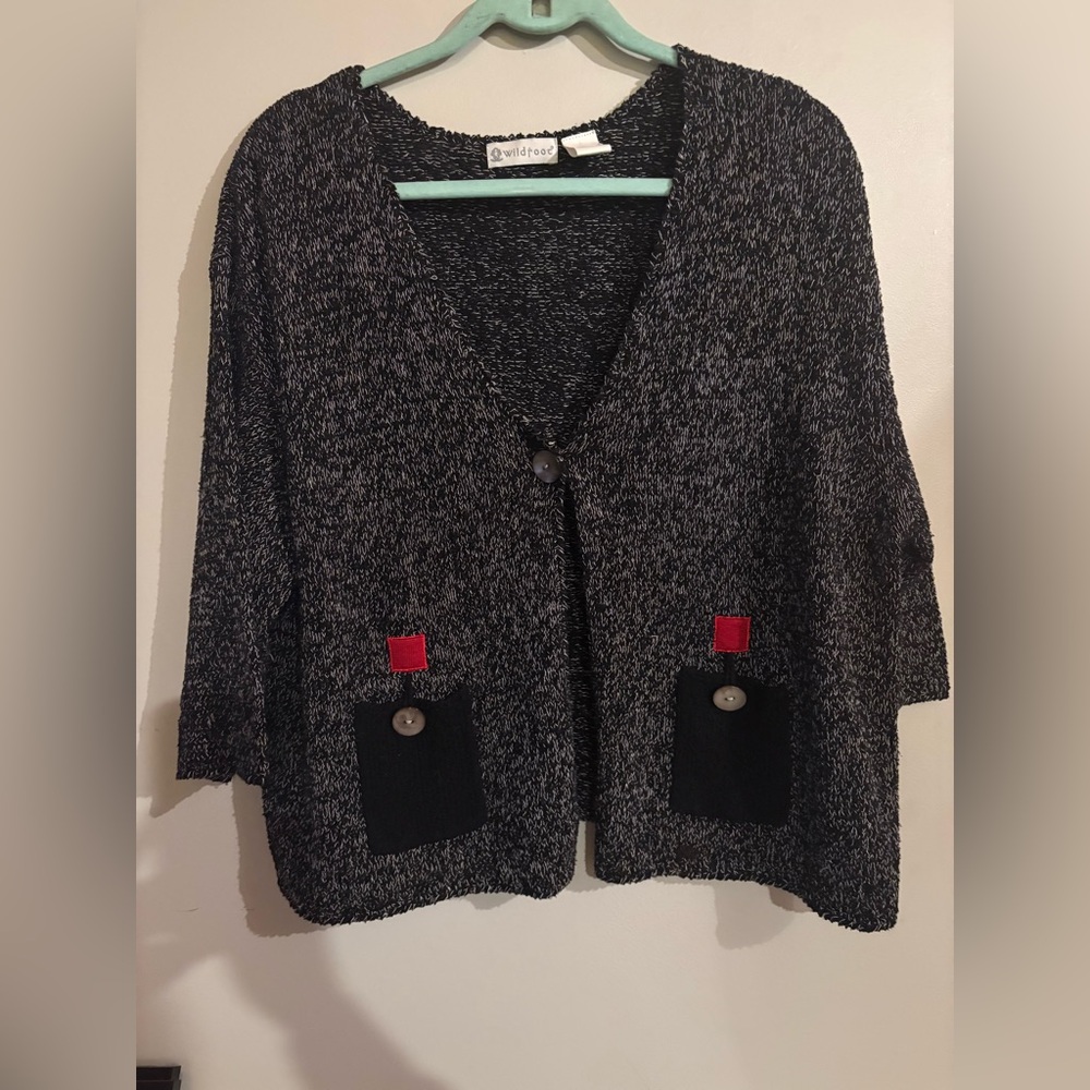 Wildroot Black and Gray Women's Cardigan Art to Wear 85% Silk Lagenlook Abtract